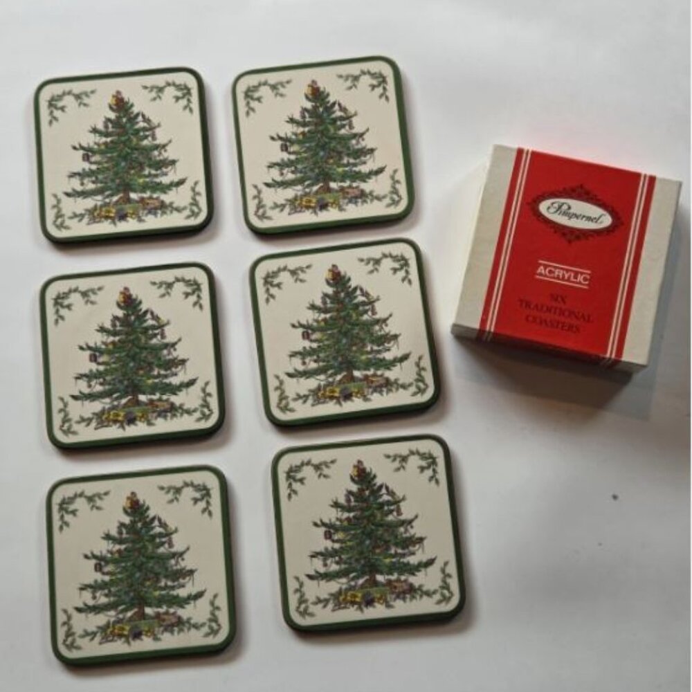 Spode Christmas Tree Coasters Drink Cork Back Pimpernel England Set 6 Boxed
